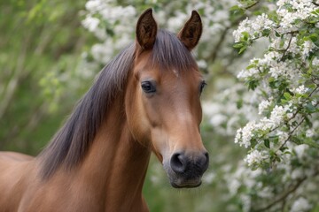 Fototapeta premium Brown Horse Portrait: Serene Beauty Amidst Spring Blossoms