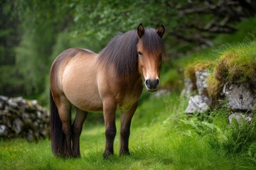 Fototapeta premium Norwegian Fjord Horse in Lush Green Pasture: Serene Nature Photography
