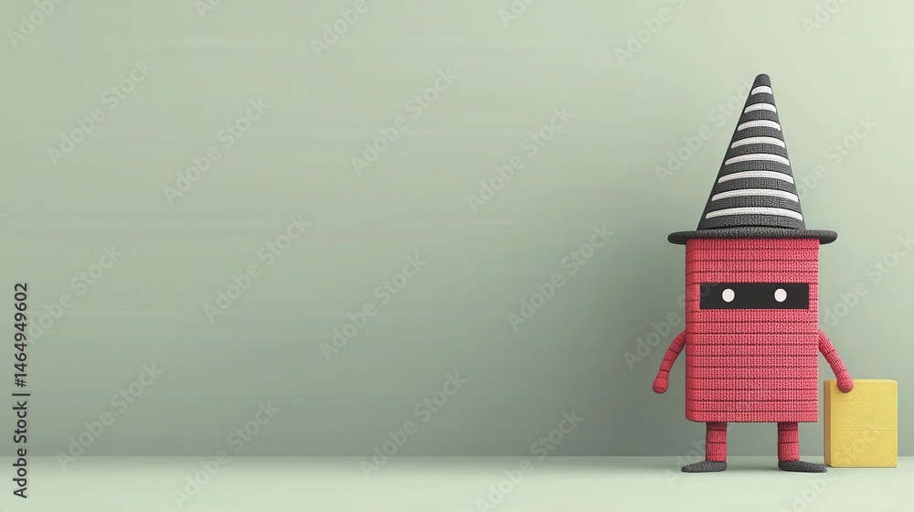 Poster cyber security ransomware prevention concept. whimsical character with a striped hat and suitcase on