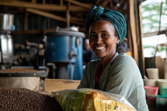 Smiling coffee farmer holding a bag of freshly roasted beans in a processing facility