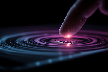Finger touching screen, fingerprint scan, glowing purple and blue ripples, abstract technology concept, security, authentication