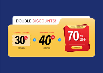Double Discount Banner with 30 Plus 40 Equal 70 Percent Off Shopping Voucher Coupon. Modern Flat Style Design for Promotion, Marketing or Advertising Template
