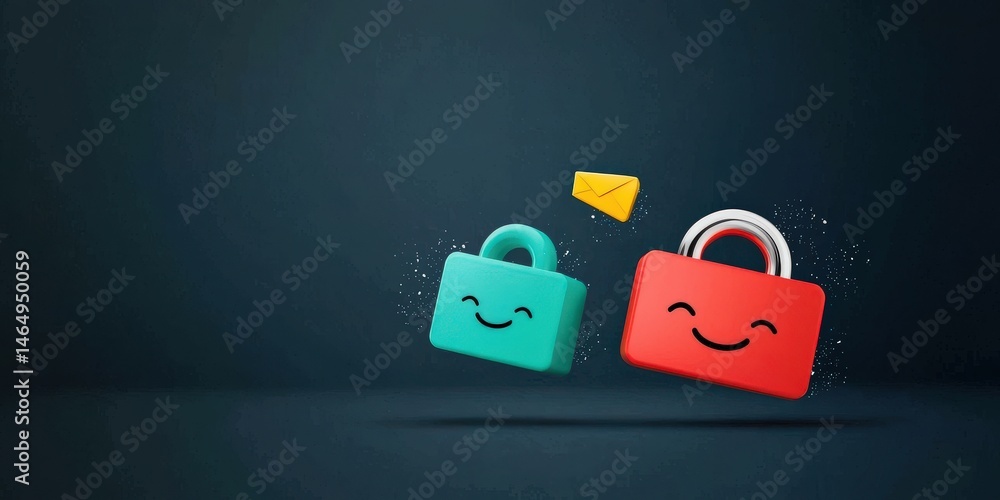 Poster cyber security ransomware prevention concept. colorful padlocks with smiling faces and an envelope i