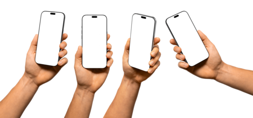Hands holding smartphones with blank screens on a white background, ready for mockup or design presentation.