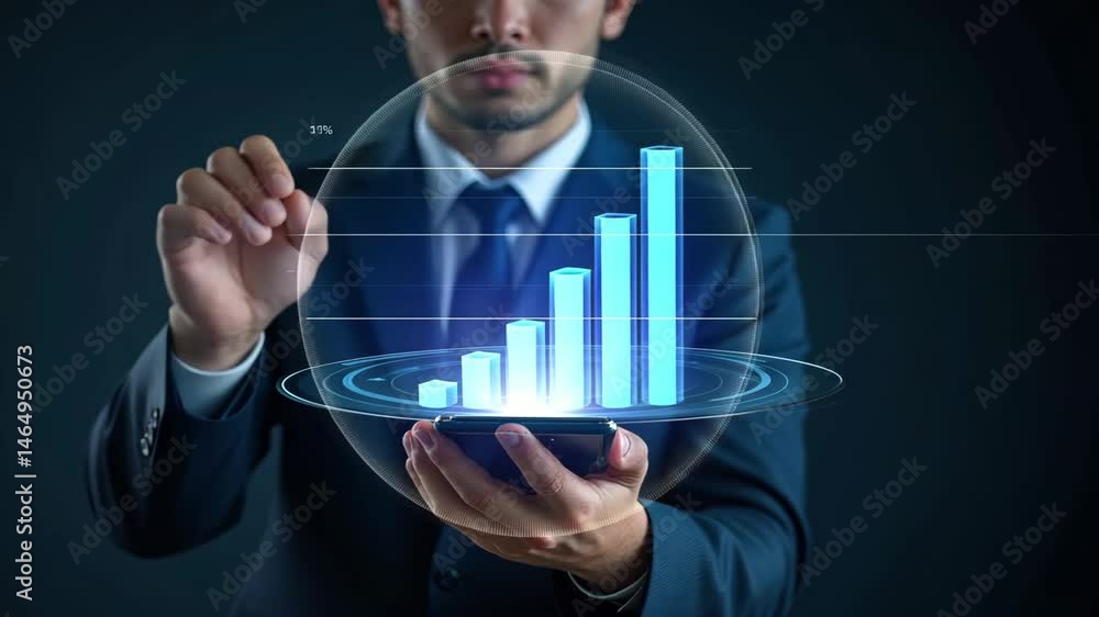 Poster businessman presenting data visualization with rising graphs and futuristic concept