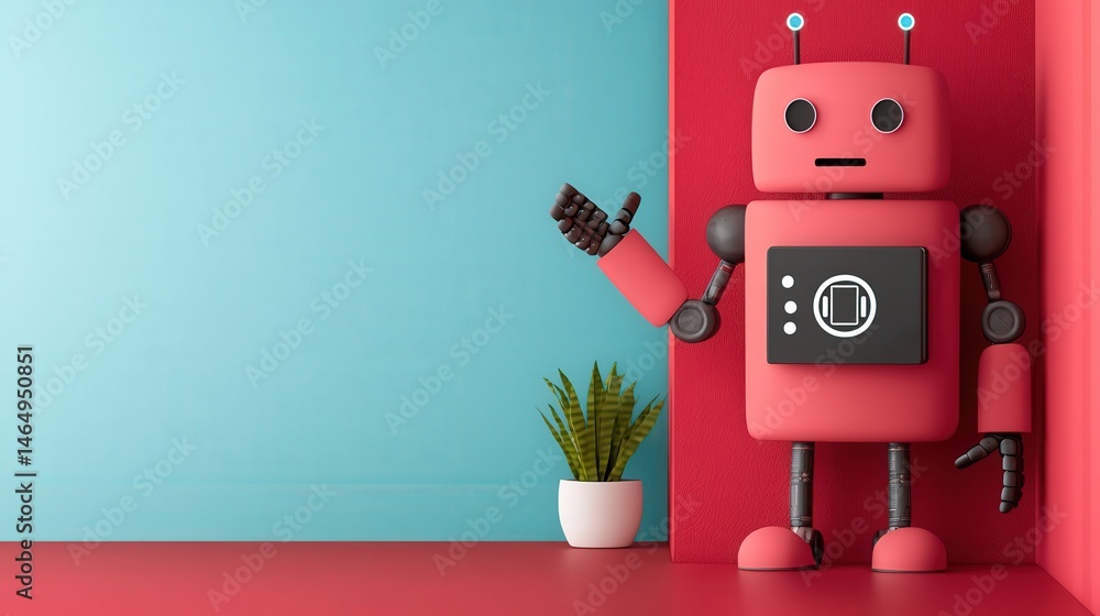 Poster cyber security ransomware prevention concept. a cheerful robot standing in a colorful room with a pl