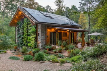 Rustic, sustainable home nestled within nature's embrace.