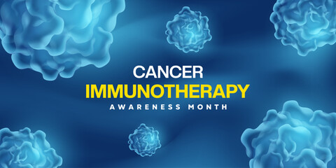 June is National Cancer Immunotherapy Awareness Month. Cancer cell and light. Great for posters, banners, social media and more. Blue background.