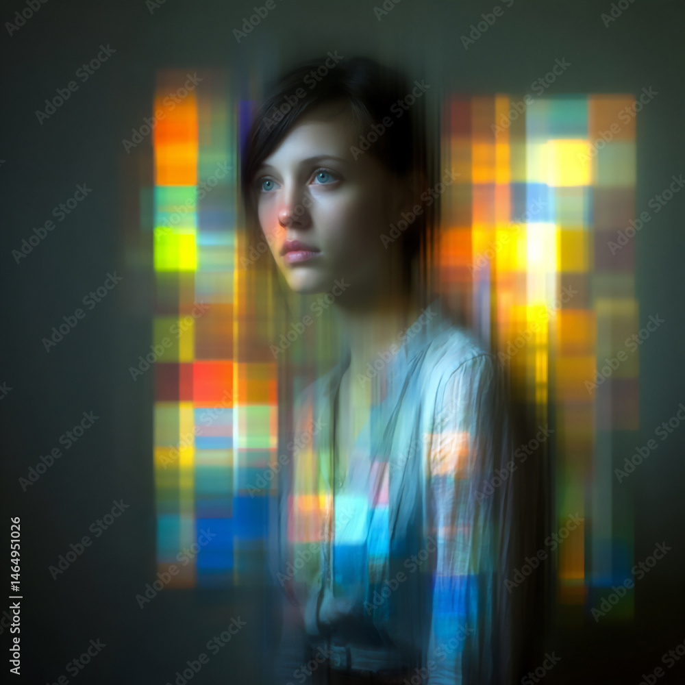 Poster a facial recognition interface with a blurred mosaic effect partially obscuring the face, highlighti