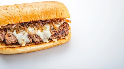 A delicious steak sandwich with melted cheese and caramelized onions on a bun, viewed from above on white.