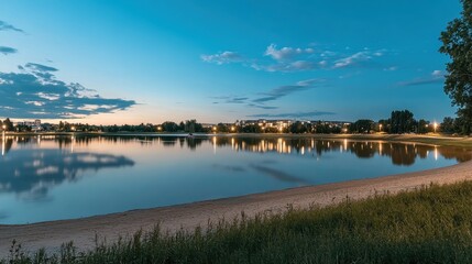Serene Twilight Landscape Calm Water Reflecting City Lights Sandy Shore Lush Grass and a Tranquil Evening Sky