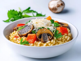 Gourmet mushroom risotto flat lay with truffles and fresh herbs served in a white bowl, closeup view.