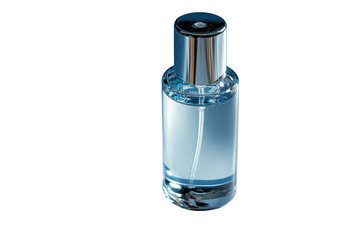 Naklejka premium Elegant blue perfume bottle silver cap isolated on black background A captivating fragrance on transparent background