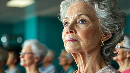 Close-up of a thoughtful senior woman with gray hair, looking pensively upward. She is wearing a pink striped shirt and is surrounded by other older adults in a blurred background.  The atmosphere is