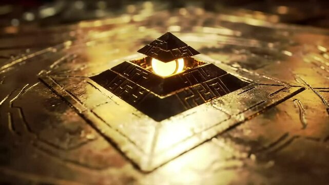 Illuminati symbol on ancient stone pyramid glowing under golden light in mystical setting