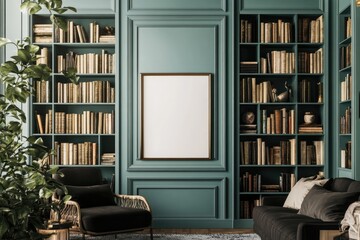 Teal library room with bookshelves, a blank art piece, armchairs, and a sofa
