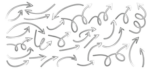 Hand Drawn Arrow Vector Set, paint brush arrow set, brush stock arrow set, Curved, Twisted, and Looped Sketch Arrows for Presentations, Highlights, and Creative Emphasis