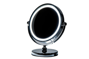 Elegant Chrome LED Vanity Mirror perfect for beauty routines glowing light against a black on transparent background