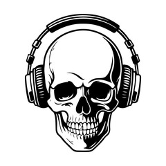 Illustration of skull with headphones. Music skull. Design element for logo, label, design. Vector illustration