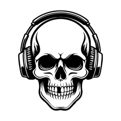 Illustration of skull with headphones. Music skull. Design element for logo, label, design. Vector illustration