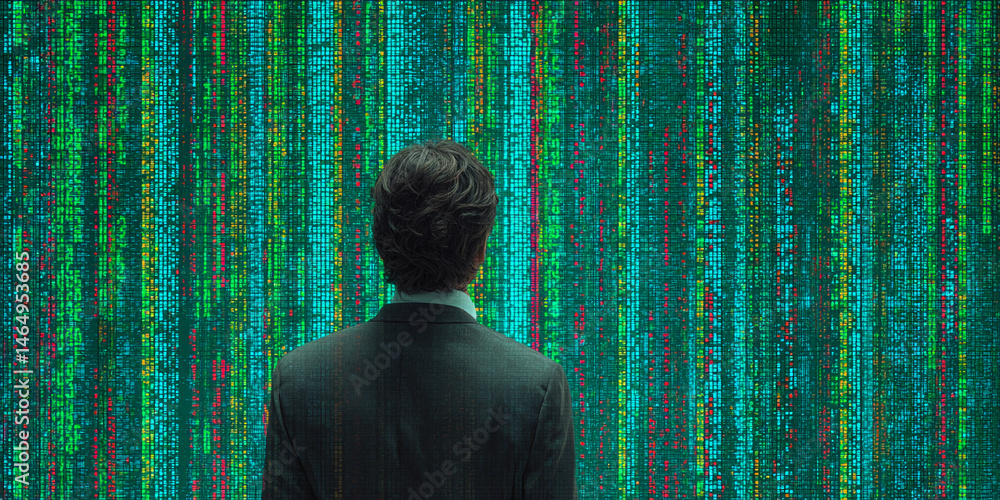 Poster man in suit viewing colorful data stream wall, representing data analysis, technology, or coding con