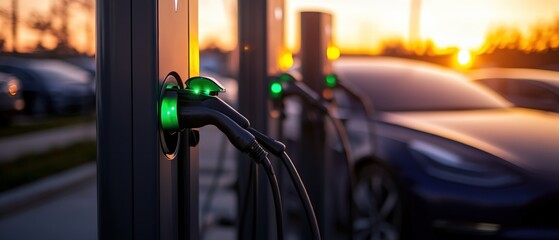 Electric vehicle charging station with multiple charging points in a modern parking lot du sunset with cars plugged in for charging