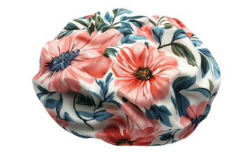 Elegant floral fabric coral and teal blossoms on white draped beautifully against a black on transparent background