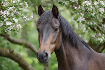 Dark Horse Portrait: Serene Beauty Amidst Blossoming Branches