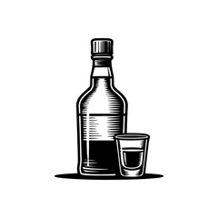 Illustration of bottle of whiskey and glass. Design element for logo, label, design. Vector illustration