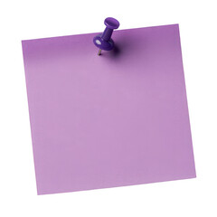A square lavender sticky note attached with a purple push pin on a black background in a studio shot