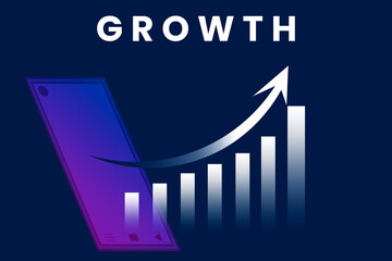 Business growth chart and analytics with smartphone device, financial data, upward trend, success and strategy concept, digital technology and marketing, white background, modern economy
