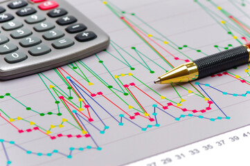 Ein Stift und ein Taschenrechner liegen auf einem Chart mit Kursen und Daten