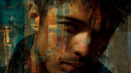 Close-up abstract portrait, textured male face, earthy tones, green eye visible, layered paint effect, conveying introspection and depth