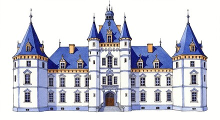 Obraz premium Watercolor illustration of a stately castle with blue roofs and white walls, reminiscent of a classic fairytale architectural design.