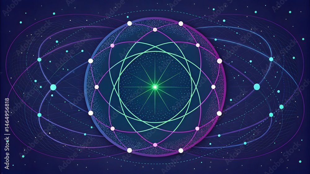 Poster glowing atom model with circular orbits and connecting lines on a dark blue background design art