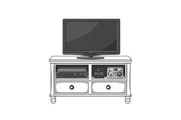 Fototapeta premium White TV stand with a flat-screen, stereo system, retro game controllers, and two pull-out drawers, isolated on a transparent background