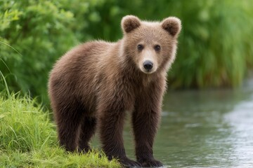 Fototapeta premium Grizzly Cub by the Creek: A Serene Wildlife Portrait