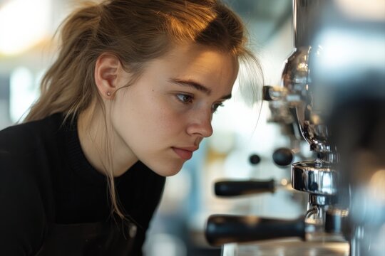 Barista carefully checking espresso machine pressure gauge while preparing coffee - Powered by Adobe