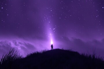 Solitary figure bathed in ethereal purple light, atop a hill under a starry night sky