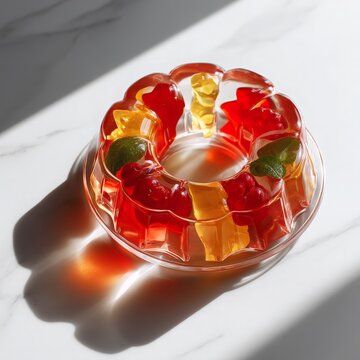 Colorful Gelatin Dessert with Fruit Garnish on a Marble Surface, Bright Reflections and Shadows Creating a Playful Atmosphere for a Summer Gathering or Party