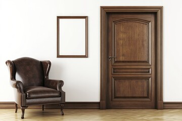Elegant, simple room with a wooden door and leather chair.  A blank frame on the wall