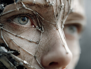 an abstract digital interface visualizing the data flow of facial recognition using interconnected lines and nodes forming a face-like structure. ai algorithm concept.