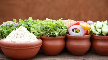 A selection of fresh vegetables and salad ingredients served in traditional clay pots.