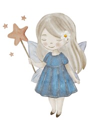 Delightful watercolor fairy holding a star wand in a charming design for fabrics and packaging