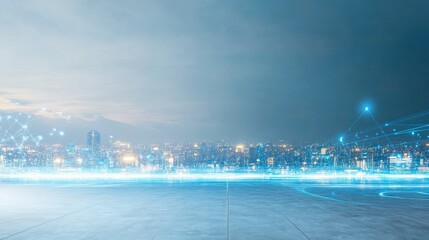 Futuristic Cityscape at Night Illuminated Skyline with Abstract Network Connections and Empty Concrete Plaza