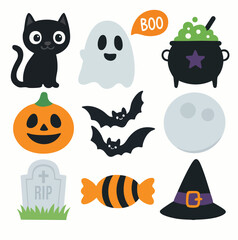 Cute Halloween icon set with pumpkins ghosts bats and spooky elements