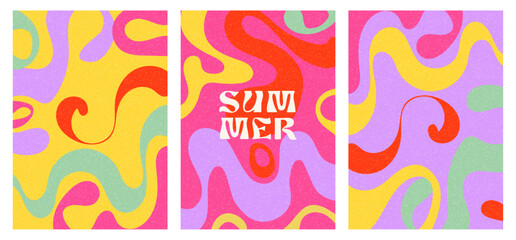 colourful summer waves set of vertical posters with grainy texture,  cover, background, web, wallpaper, decoration,  creative modern vector illustration