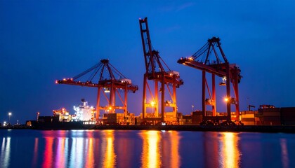 Fototapeta premium The harbor comes alive with illuminated cranes. 