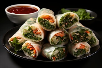 Freshly Made Vegetable Spring Rolls Served with Spicy Dipping Sauce, Garnished with Herbs, Perfect for Healthy Snacking and Culinary Inspiration