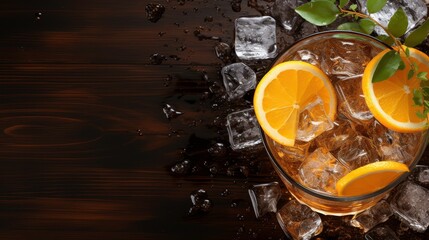 Refreshing citrus drink with ice cubes and orange slices arranged beautifully in a glass on a wooden surface, perfect for summer gatherings and cool refreshment.